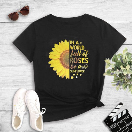 Casual Trendy T-Shirt Women's Plus Size Sun Flower Letter Printing T-Shirt