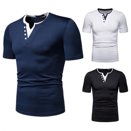 New Summer Thin High Stretch Men's Color Matching V-Neck Short-Sleeved T-Shirt