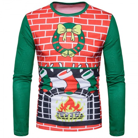 Hot Sale New Fashion 3D Fireplace Socks Christmas Digital Printing Plus Size Long Sleeve T-Shirt