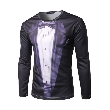 Spring New Fashion 3D Printing Men's Bow Tie Round Neck Long Sleeve T-Shirt