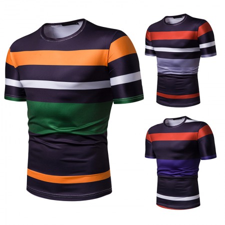 New Summer Men's Short-Sleeved T-Shirt Mens Contrast Striped Slim Casual T-Shirt