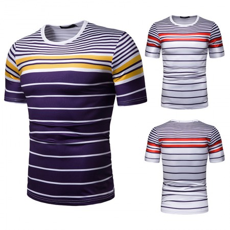 New Summer Men's Short-Sleeved T-Shirt Mens Contrast Striped Slim Casual T-Shirt