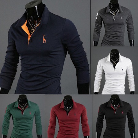 Long-Sleeved Lapel Men's T-Shirt Solid Color Top One-Piece Long-Sleeved